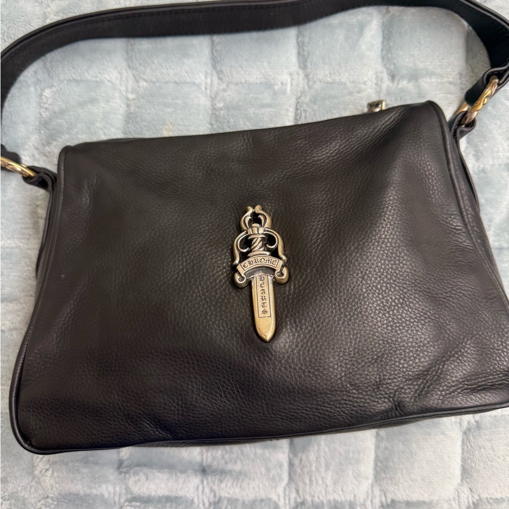 Chrome Hearts Black Leather Bag with Gold Emblem